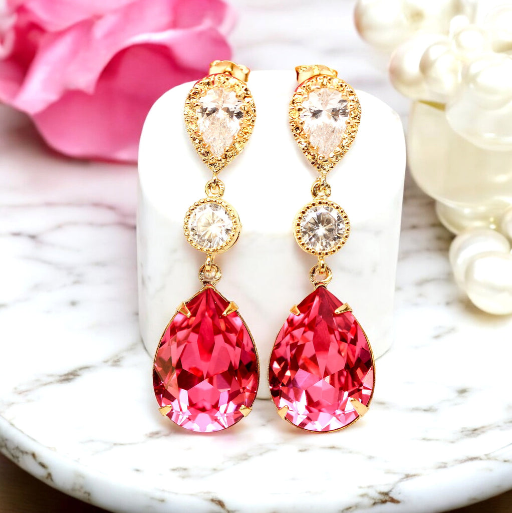 Pink Bridal Earrings Gold Earrings Fuchsia Earrings Hot Pink