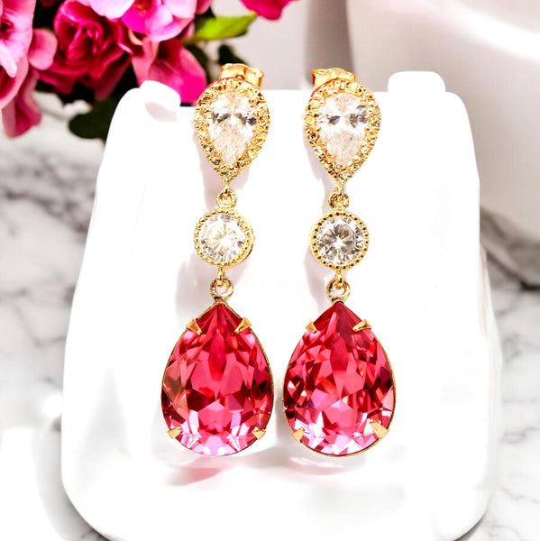 Pink Bridal Earrings Gold Earrings Fuchsia Earrings Hot Pink Earrings Stone Cubic Zirconia Bridesmaid Earrings Dark Pink RP31PC