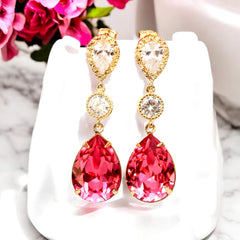 Pink Bridal Earrings Gold Earrings Fuchsia Earrings Hot Pink Earrings Stone Cubic Zirconia Bridesmaid Earrings Dark Pink RP31PC