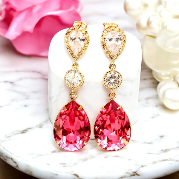 Pink Bridal Earrings Gold Earrings Fuchsia Earrings Hot Pink Earrings Stone Cubic Zirconia Bridesmaid Earrings Dark Pink RP31PC
