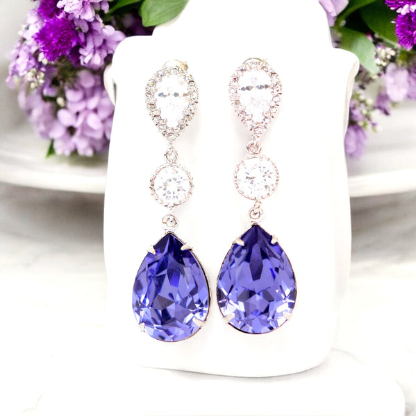 Purple Earrings Long Dangle Earrings  Crystal Tanzanite Lilac Mauve Crystal Earrings Bridesmaid Earrings Sterling Silver TZ31PC
