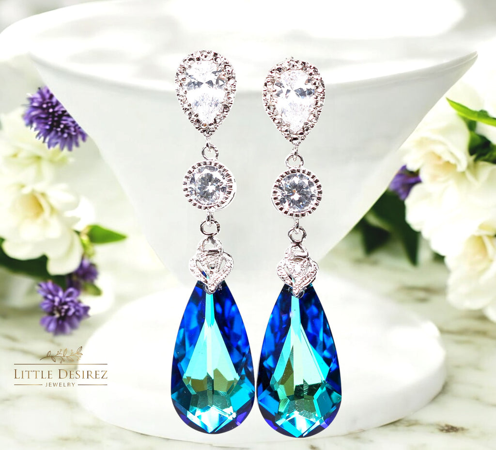 Bridal Earrings Bermuda Blue Earrings Bridesmaid Blue Earrings Teal Earrings Aqua Sea Green Peacock  Elements Cubic Zirconia BB33PC