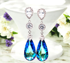 Bridal Earrings Bermuda Blue Earrings Bridesmaid Blue Earrings Teal Earrings Aqua Sea Green Peacock  Elements Cubic Zirconia BB33PC