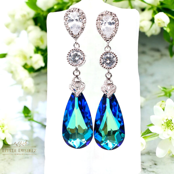 Bridal Earrings Bermuda Blue Earrings Bridesmaid Blue Earrings Teal Earrings Aqua Sea Green Peacock  Elements Cubic Zirconia BB33PC