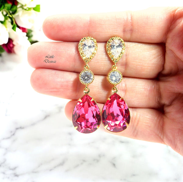 Pink Bridal Earrings Gold Earrings Fuchsia Earrings Hot Pink Earrings Stone Cubic Zirconia Bridesmaid Earrings Dark Pink RP31PC