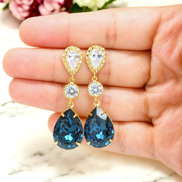 Navy Blue Bridal Set Navy Blue Jewelry Set Bridesmaid Jewelry Navy Bridal Party Jewelry Set Pear Jewelry Set Long Earrings Navy Blue MO31JS