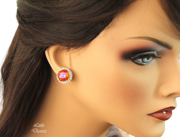 Orange Pink Stud Earrings Fuchsia Orange Earrings Large Stud Earrings Bridesmaid Jewelry Astral Pink  Crystal Cushion Cut AP50S