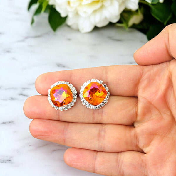 Orange Pink Stud Earrings Fuchsia Orange Earrings Large Stud Earrings Bridesmaid Jewelry Astral Pink  Crystal Cushion Cut AP50S
