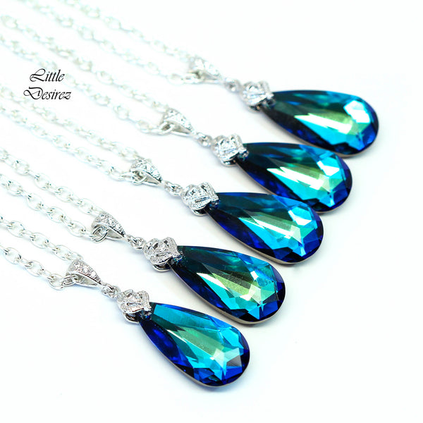 Blue Teardrop Swarovski Crystal Gold Necklace Peacock Jewelry BB33N