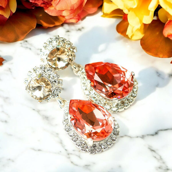Coral Gold Crystal Earrings Bridal Peach Chandelier Drop Earrings Coral Orange Chandelier Earrings Bridal Salmon Crystal Long Earrings CO31DD
