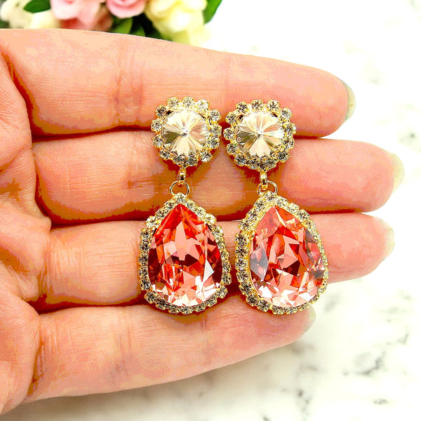 Coral Gold Crystal Earrings Bridal Peach Chandelier Drop Earrings Coral Orange Chandelier Earrings Bridal Salmon Crystal Long Earrings CO31DD