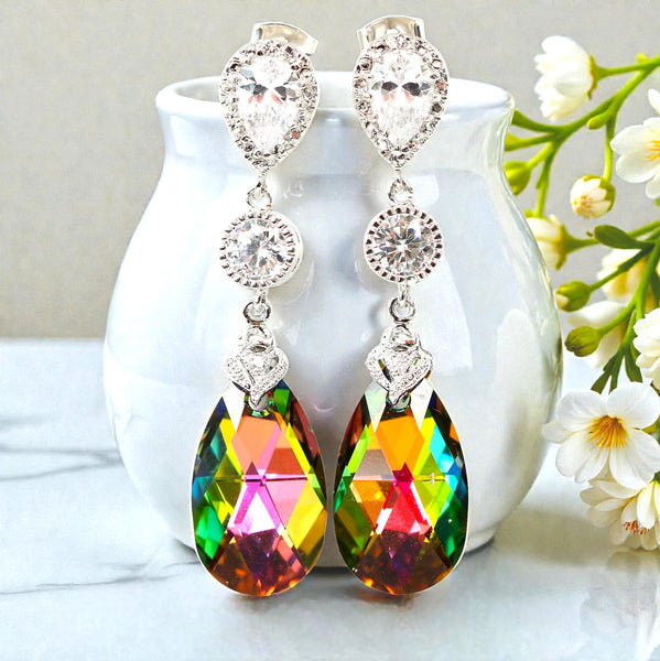 Colorful  Earrings Bridesmaid Earrings  Vitrail Medium Cubic Zirconia Earrings Sterling Silver Earrings Long Dangle VM32PC