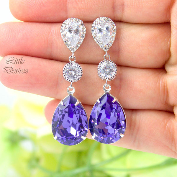 Purple Earrings Bridal Earrings  Crystal Tanzanite Purple & Gold Earrings Bridesmaids Earrings Cubic Zirconia Earrings TZ31PC