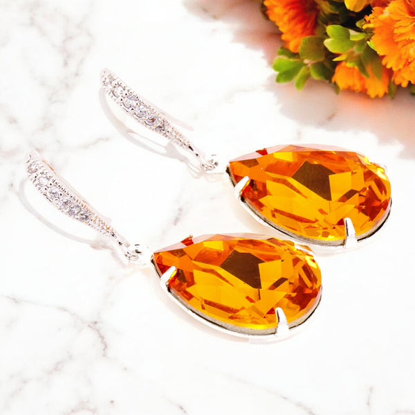 Topaz Earrings Crystal Earrings Pear Crystal Teardrop Earrings Dark Orange Sterling Silver Rhodium Plated Bridesmaid Earrings TO31H