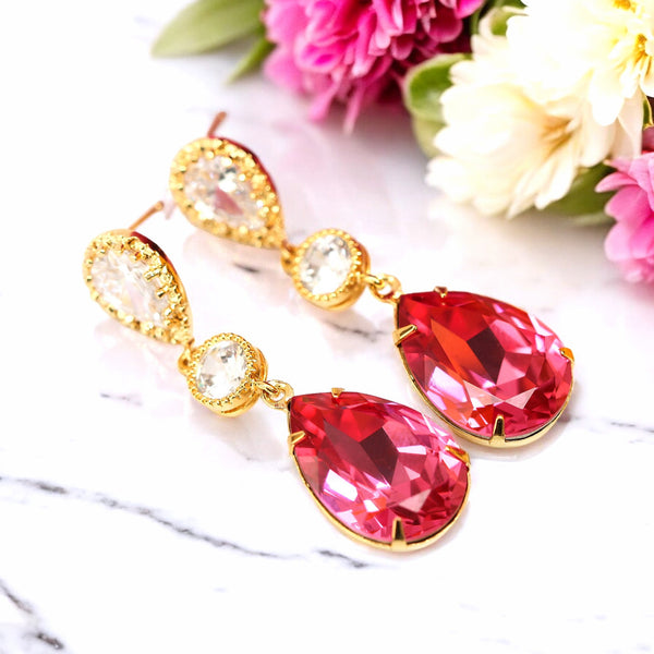 Pink Bridal Earrings Gold Earrings Fuchsia Earrings Hot Pink Earrings Stone Cubic Zirconia Bridesmaid Earrings Dark Pink RP31PC
