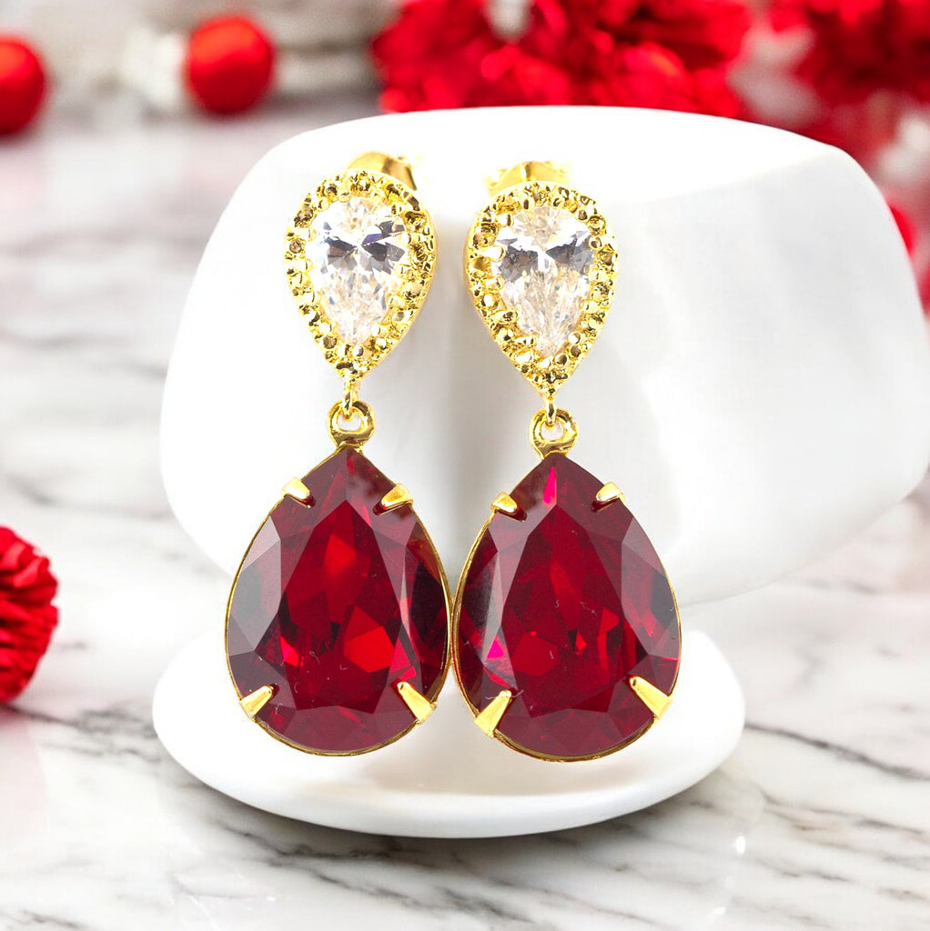 gold earrings for red dress Silver Drop & Red Crystal Earrings | Versailles Collection