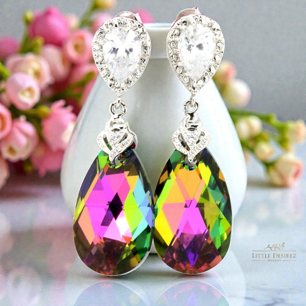 Vitrail Medium  Crystal Jewelry Bridesmaid Earrings & Necklace Set Pink Green Jewelry Fuchsia Emerald Green Cubic Zirconia VM32JS