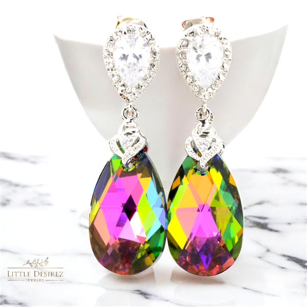 Vitrail Medium  Crystal Jewelry Bridesmaid Earrings & Necklace Set Pink Green Jewelry Fuchsia Emerald Green Cubic Zirconia VM32JS