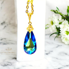 Blue Teardrop Swarovski Crystal Gold Necklace Peacock Jewelry BB33N