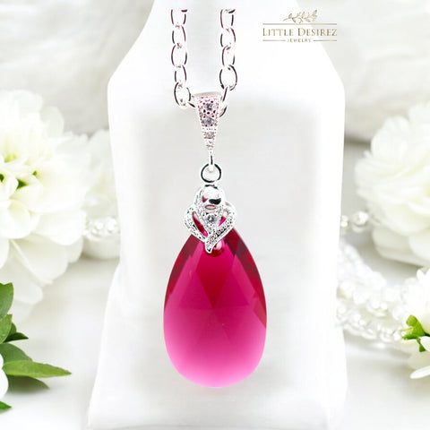 Fuchsia Necklace Bridal Teardrop Necklace  Ruby Necklace Bridesmaid Hot Pink Necklace Cubic Zirconia Necklace Wedding Jewelry RP32N