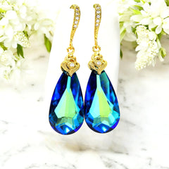 Blue and Gold Earrings Bermuda Blue Crystal Cubic Zirconia Earrings Blue Bridal Earrings Peacock colors Bridesmaid Earrings BB33H