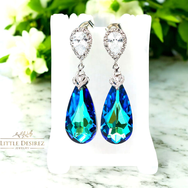 Bridal Earrings CZ Earrings Wedding Jewelry Blue Earrings  Bermuda Blue Drop Earrings Bridesmaid Gift Sterling Silver BB33P