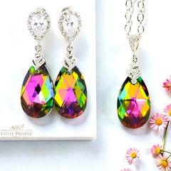 Vitrail Medium  Crystal Jewelry Bridesmaid Earrings & Necklace Set Pink Green Jewelry Fuchsia Emerald Green Cubic Zirconia VM32JS