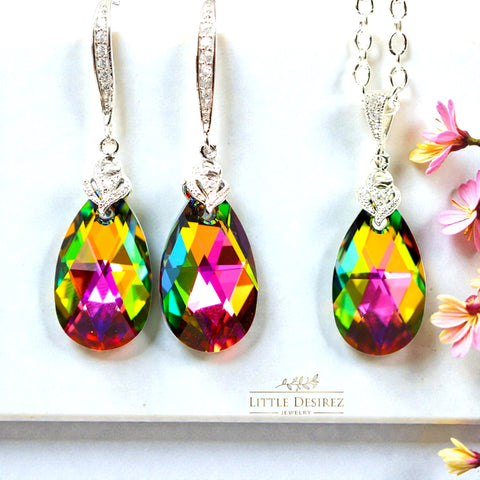 Dangle Earrings Pink Green Earrings & Necklace Set Bridesmaid Jewelry Vitrail Medium Fuchsia Emerald Sterling Silver Hypoallergenic VM32JS