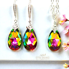 Dangle Earrings Pink Green Earrings & Necklace Set Bridesmaid Jewelry Vitrail Medium Fuchsia Emerald Sterling Silver Hypoallergenic VM32JS