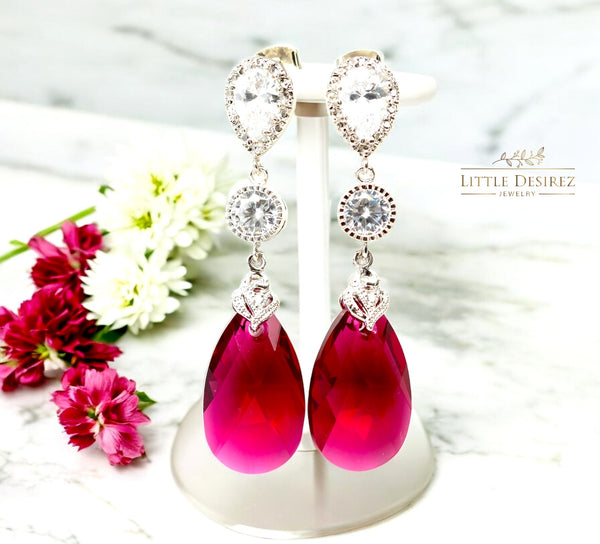 Fuchsia Earrings Pink Earrings Ruby Earrings  Ruby Crystal Teardrop Bridal Jewelry Bridesmaid Earrings Cubic Zirconia RP32PC
