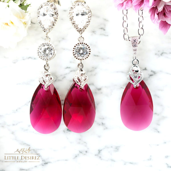 Fuchsia Earrings Pink Earrings Ruby Earrings  Ruby Crystal Teardrop Bridal Jewelry Bridesmaid Earrings Cubic Zirconia RP32PC