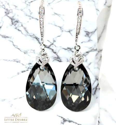 Grey Earrings Silver Night Teardrop Crystal Charcoal Grey Black & Silver Bridesmaid Earrings Cubic Zirconia Earrings SN32H