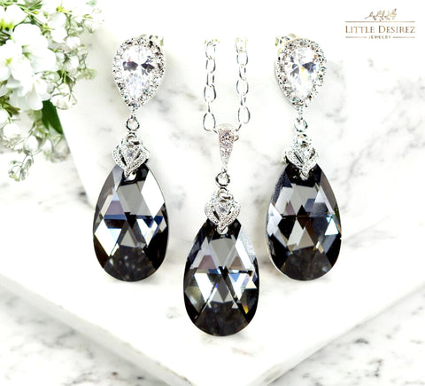 Charcoal Grey Earrings and Necklace Set Bridesmaid Gift Grey Jewelry Set  Silver Night Crystal Cubic Zirconia Jewelry SN32JS