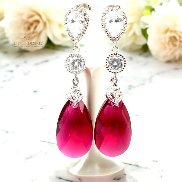 Fuchsia Earrings Pink Earrings Ruby Earrings  Ruby Crystal Teardrop Bridal Jewelry Bridesmaid Earrings Cubic Zirconia RP32PC