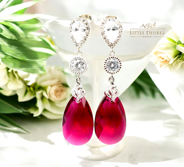 Fuchsia Earrings Pink Earrings Ruby Earrings  Ruby Crystal Teardrop Bridal Jewelry Bridesmaid Earrings Cubic Zirconia RP32PC
