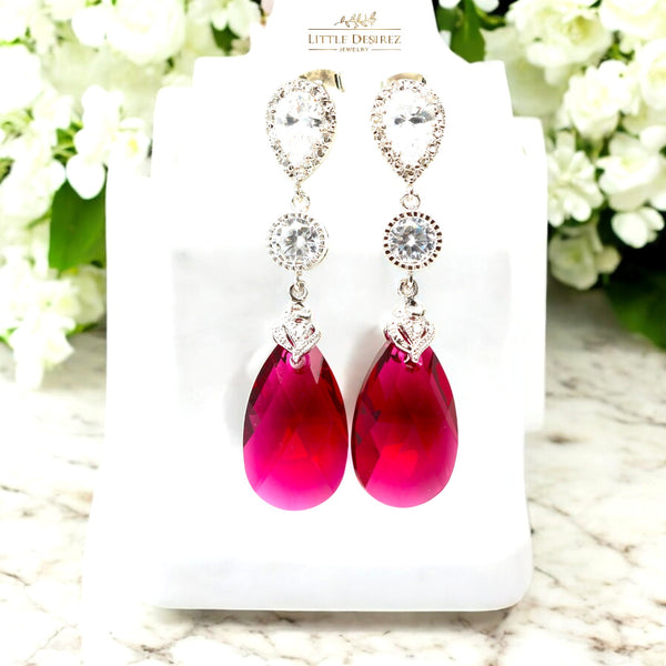 Fuchsia Earrings Pink Earrings Ruby Earrings  Ruby Crystal Teardrop Bridal Jewelry Bridesmaid Earrings Cubic Zirconia RP32PC
