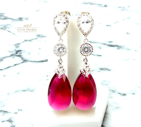 Fuchsia Earrings Pink Earrings Ruby Earrings  Ruby Crystal Teardrop Bridal Jewelry Bridesmaid Earrings Cubic Zirconia RP32PC