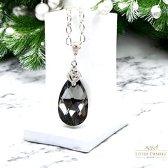 Silver Night Swarovski Crystal Necklace Gray Teardrop Pendant Black Silver Bridal Jewelry Bridesmaid Gift SN32N