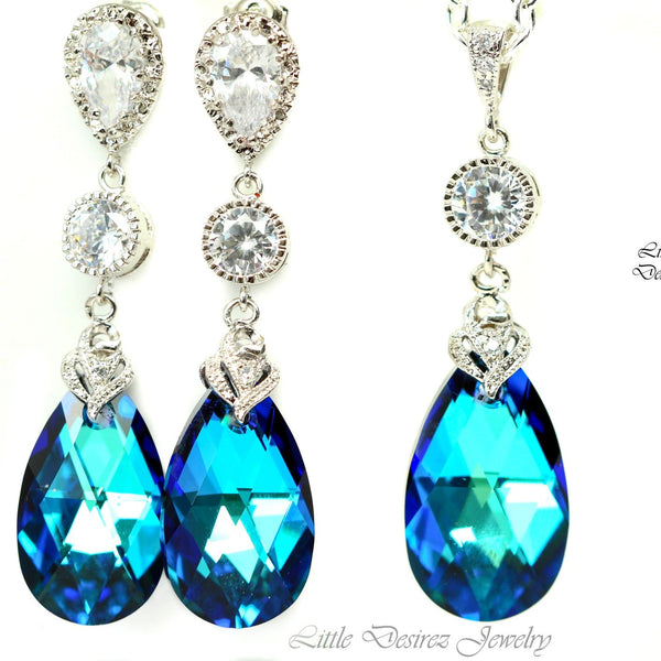 Wedding Jewelry Bridal Earrings Necklace Set Bermuda Blue Crystal Bridesmaid Jewelry Peacock Jewelry Cubic Zirconia Jewelry BB32JS