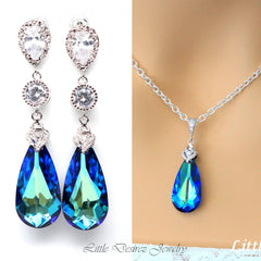 Blue Earrings Blue and Green Earrings Teardrop Earrings Bridal Earrings Bridesmaid Gift Blue Green Teal Peacock Cubic Zirconia BB33JS