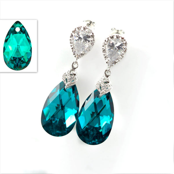 Teal Teardrop Earrings Blue Zircon Comet Argent Light Crystal Elements Teal Earrings Cubic Zirconia Hypoallergenic BZ32P