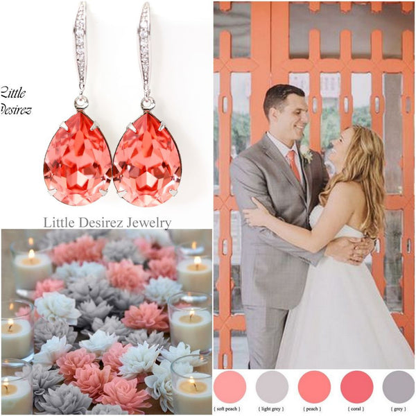 Coral Earrings Peach Bridal Earrings Rose Peach Stone Bridesmaid Earrings Coral Peach Beach Bridal Earrings Sterling Silver CO31H