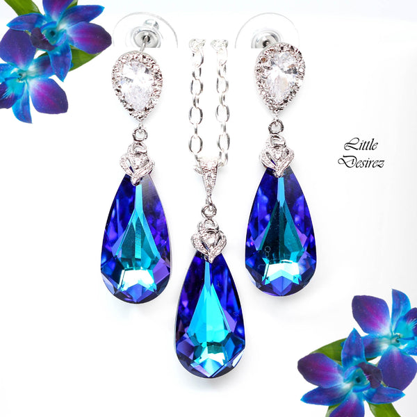 Purple Earrings Necklace Set Bridal Jewelry Set Bridesmaid Gift  Heliotrope Cubic Zirconia Sterling Silver Purple and Blue HE33JS