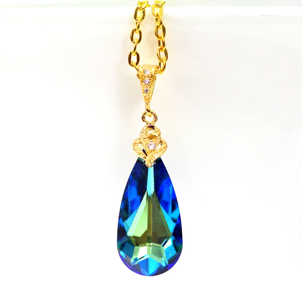 Bridal Necklace Blue Teardrop Crystal Gold Pendant Necklace Bermuda Blue Peacock Jewelry Bridal Necklace Wedding Jewelry BB33N