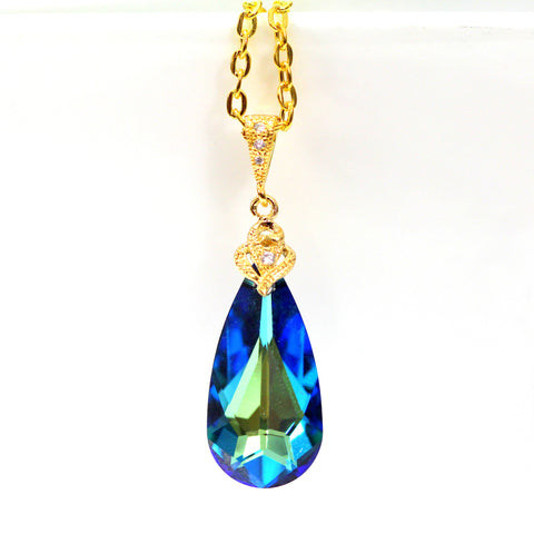 Bridal Necklace Blue Teardrop Crystal Gold Pendant Necklace Bermuda Blue Peacock Jewelry Bridal Necklace Wedding Jewelry BB33N