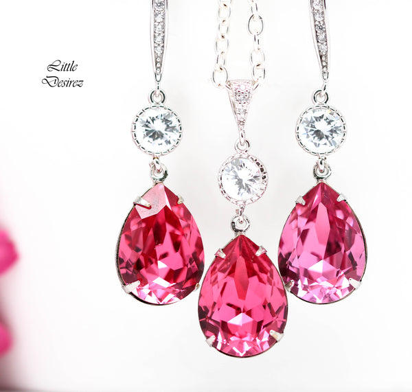 Hot Pink Necklace Crystal Pink Necklace Bridal Teardrop Necklace Bridesmaid Necklace Sparkly Cubic Zirconia Pink Magenta RP31N