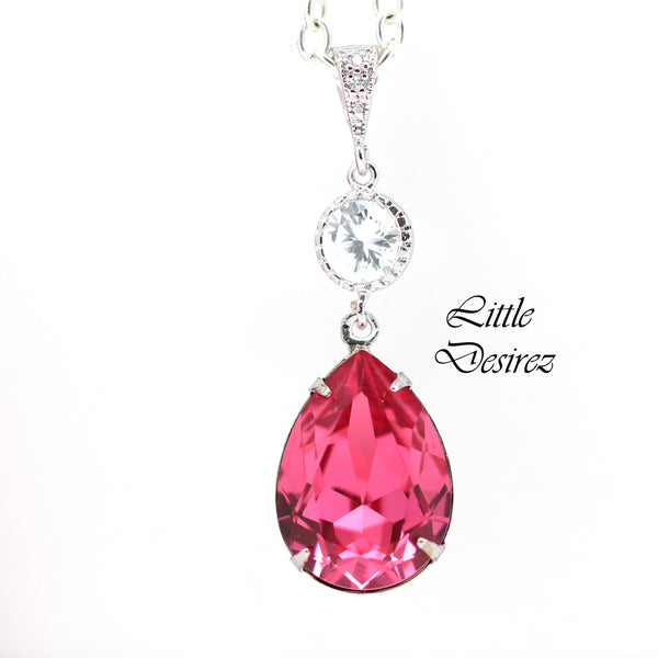 Hot Pink Necklace Crystal Pink Necklace Bridal Teardrop Necklace Bridesmaid Necklace Sparkly Cubic Zirconia Pink Magenta RP31N