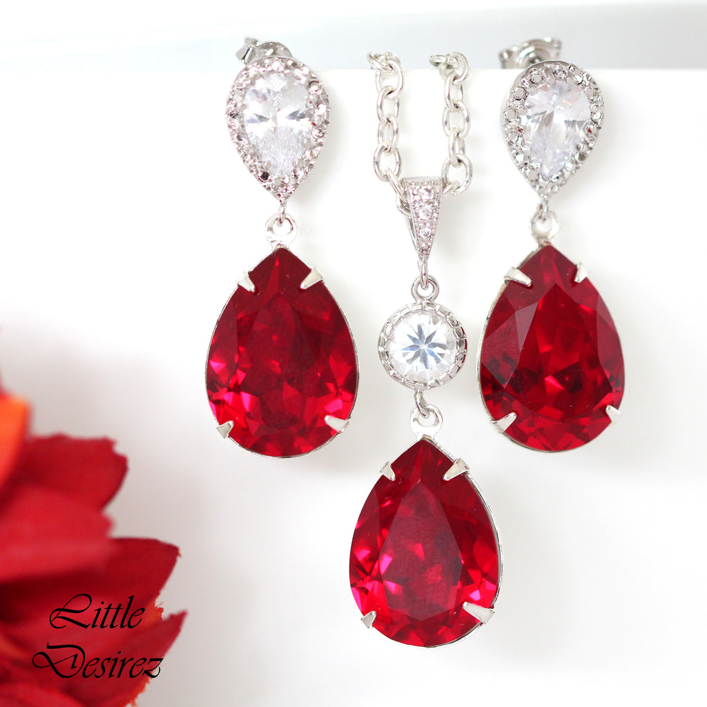 Red Earrings and Necklace Set  Crystal Earrings & Necklace Set Bridesmaid Gift Set Cubic Zirconia Dark Red Deep Red Crimson SI31JS