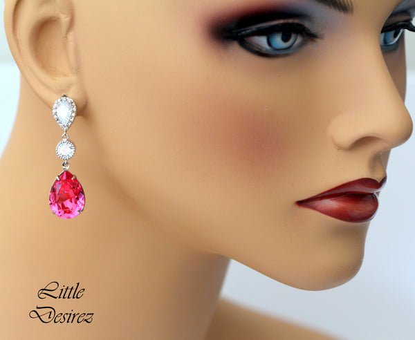 Hot Pink Earrings Fuchsia Earrings Pear Crystal Bridal Earrings Rose Pink Magenta Fuchsia Bridesmaids Pink Earrings RP31PC