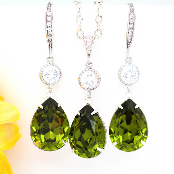 Green Necklace & Earrings Set  Jewelry Bridesmaid Jewelry Olive Green Jewelry Crystal Jewelry Cubic Zirconia Hypoallergenic OG31JS